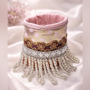OOAK Hand crafted Textile Cuff Up Cycled Pink Silk Scar & Fringe Bracelet Signed